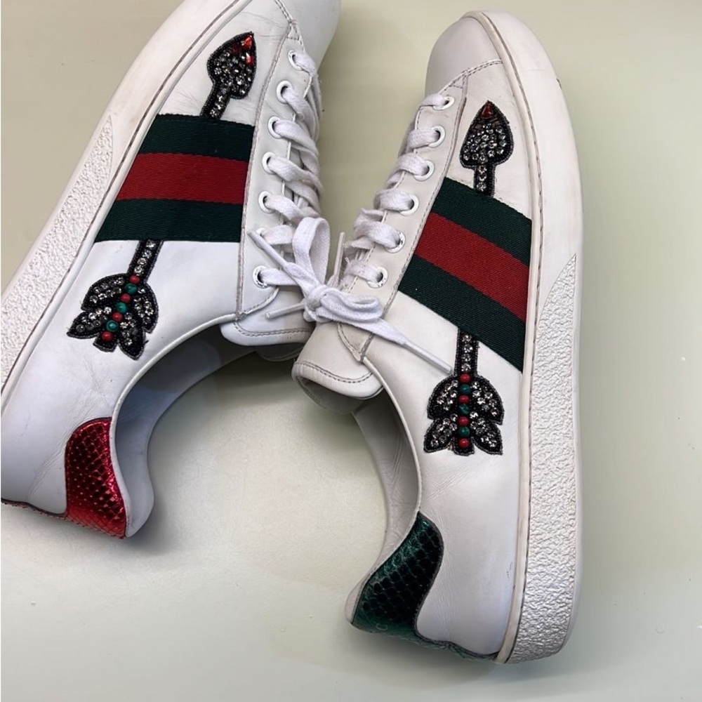 Gucci White Leather Sneakers with Green & Red Web and Embellished Bee size 7 - Picture 5 of 10